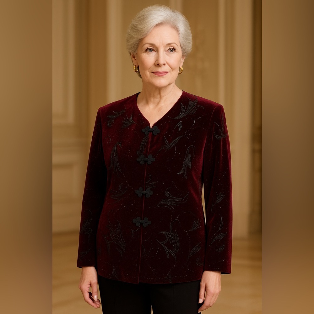 Elegant Burgundy Velvet Evening Jacket | Vintage Teddi Embroidered Blazer